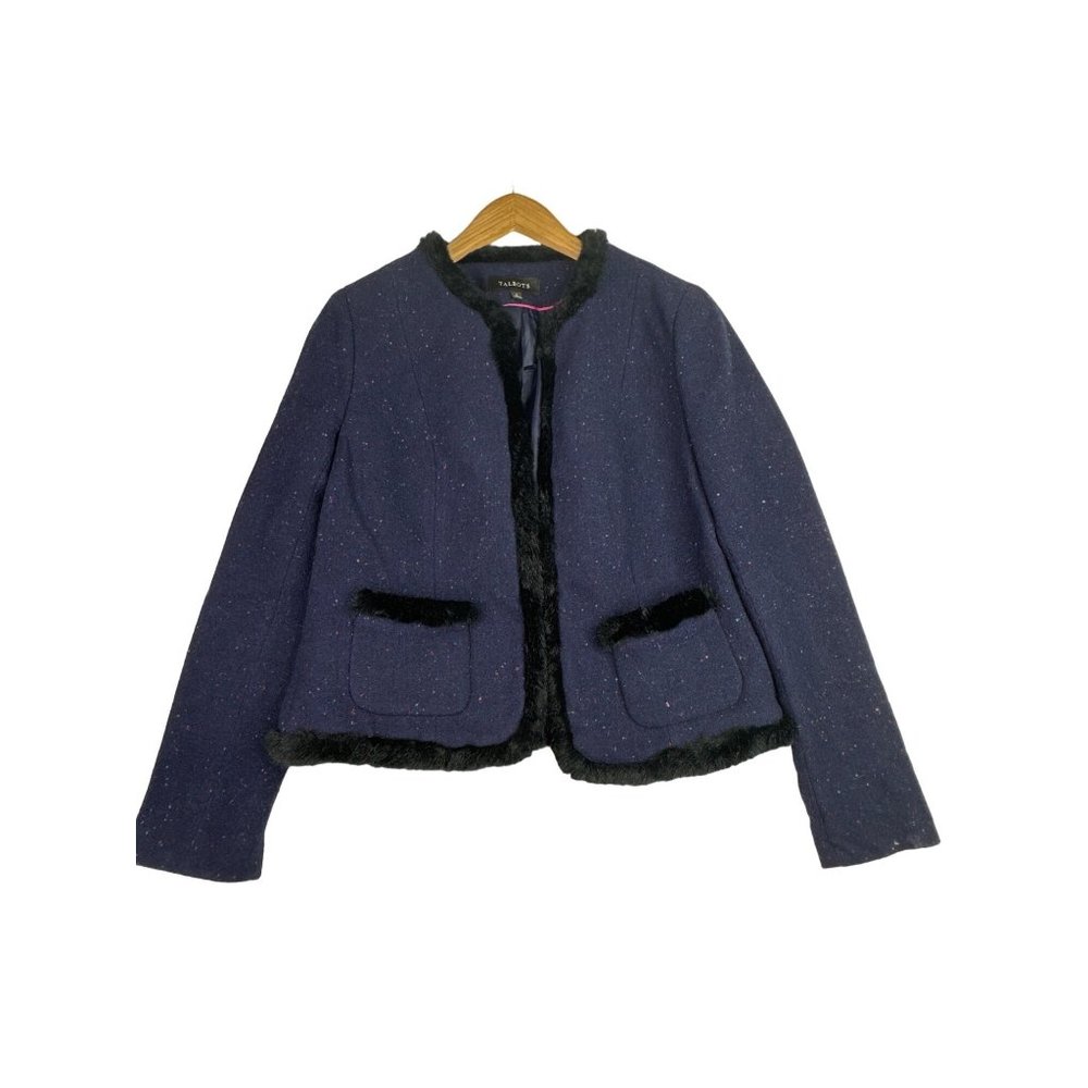 Talbots Wool Blend Tweed Blazer with Fur Trim sz 4 Blue‎
